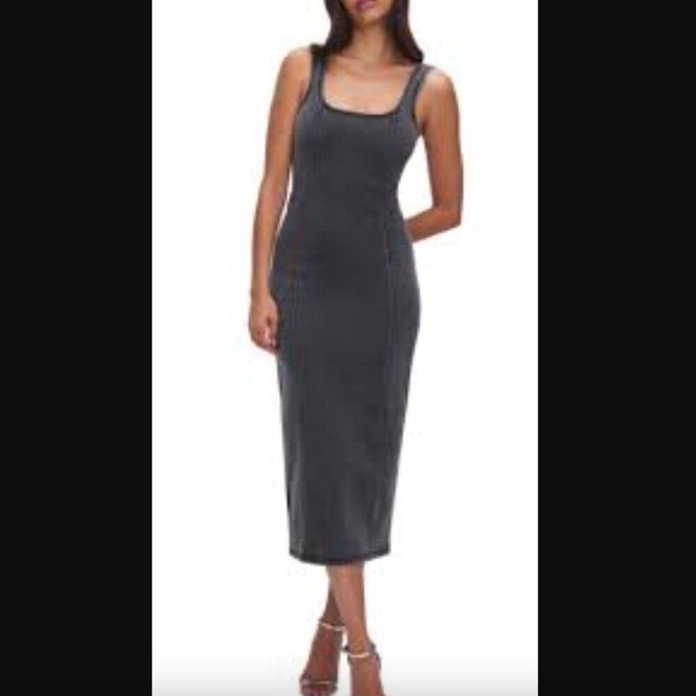 Good American Faded Black Soft Sculpt Denim Midi Tank Dress 3XL